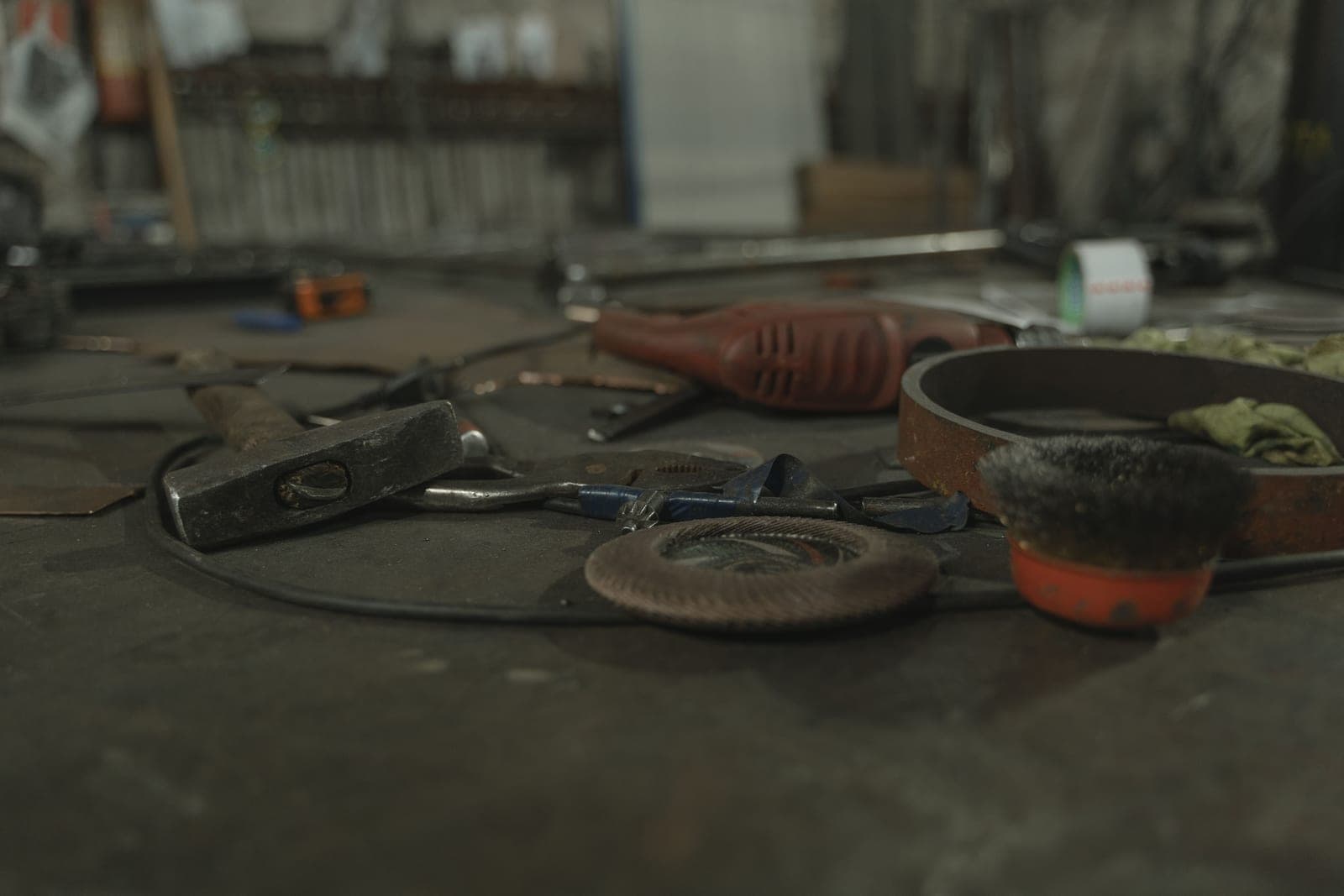 Hand tools laid out on a workbench