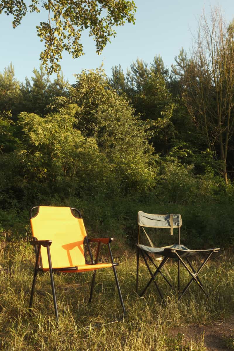 Illustrative stock photo: two camping chairs in a sunny forest clearing